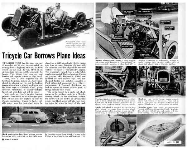 Popular Science march 1951-LLOYD HUNT.Tricycle Car Borrows Plane Ideas.JPG